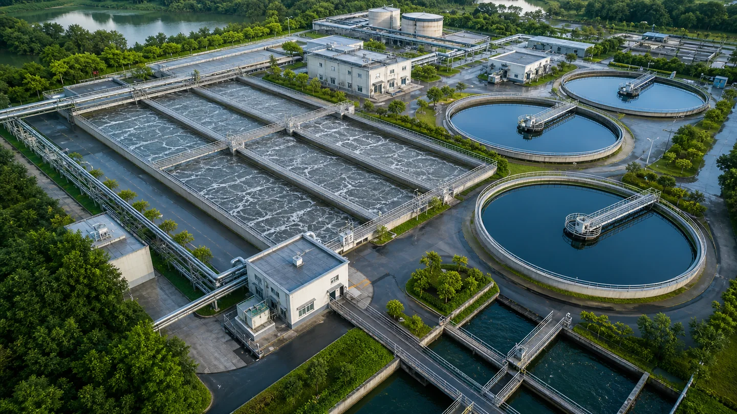 Aerial view of aeration and sedimentation basins at a modern wastewater treatment plant